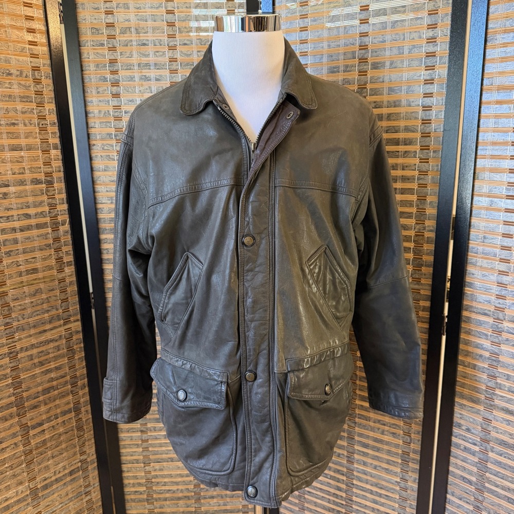 London Fog Leather Field Jacket Mens M Grey Olive Quilted Lined Utility Coat